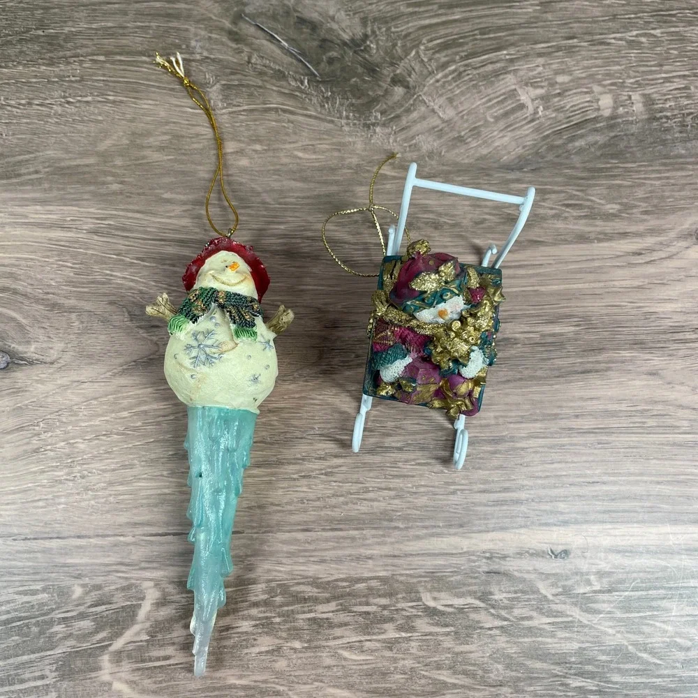 Christmas Tree Ornaments Set of 2 Melting Snowman and Sleigh Festive Decoration‎